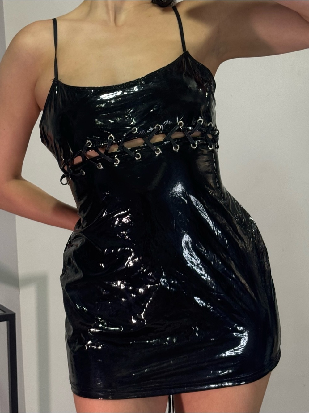 Black Patent Lace-Across Mini Dress